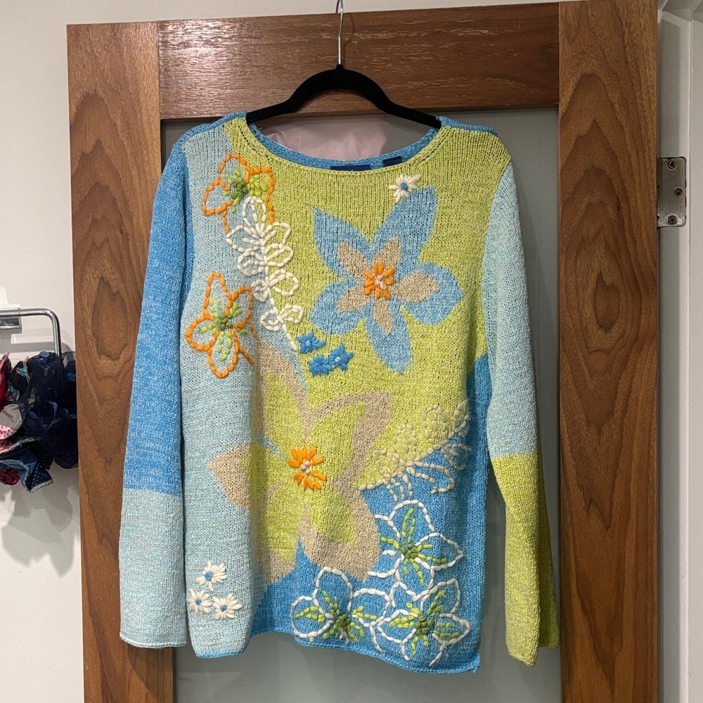 JH Collectibles Blue Green Floral Embroidered Lightweight Knit Sweater
